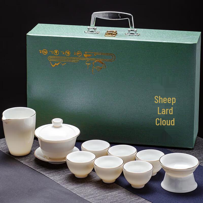 HANDUNYOU White Jade Gold-Painted Ceramic Gaiwan Tea Set