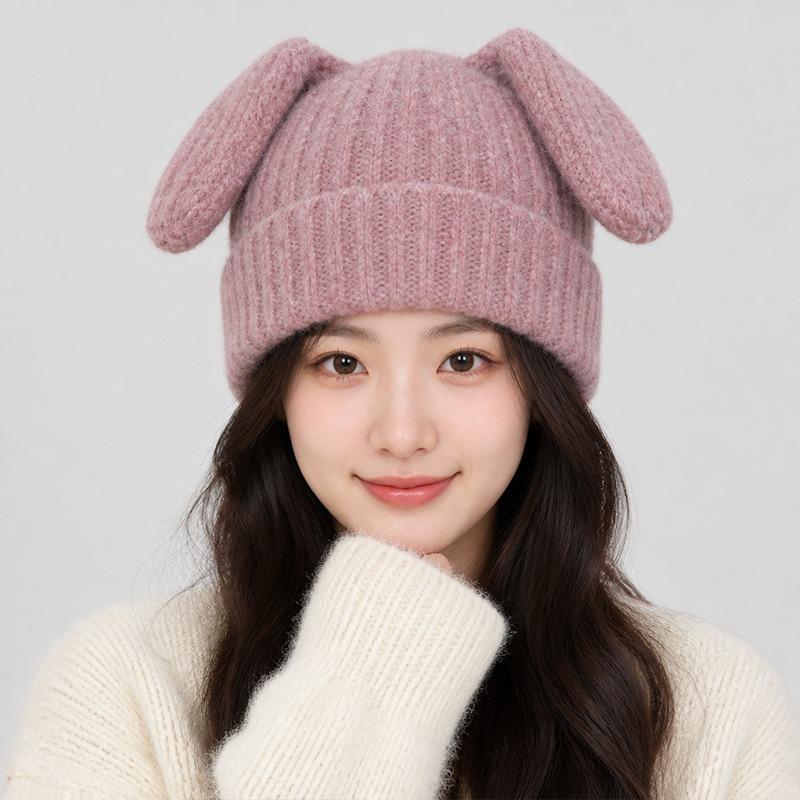 Female autumn and winter Japanese cute big ears funny knitted hat warm personality versatile face small wool hat tide