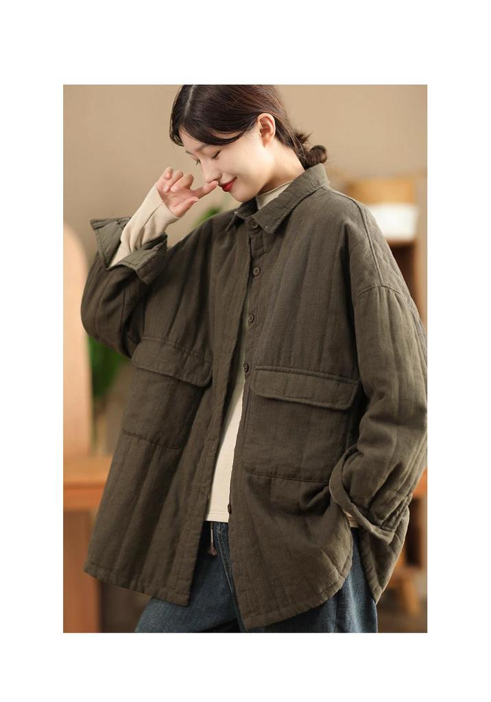 Women's Sand-Washed Linen Quilted Cotton Jacket with Large Pockets - Winter Mid-Length Style, Thickened and Warm.