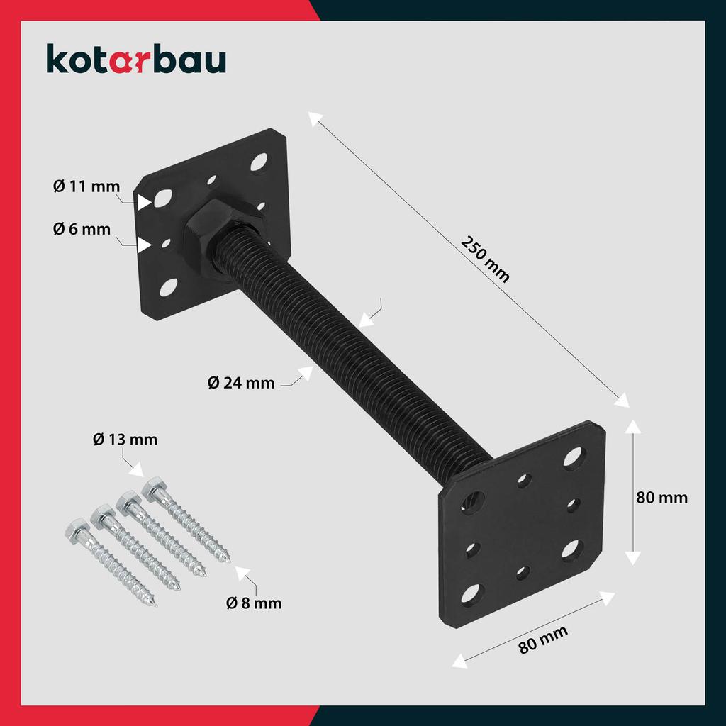 Kotarbau® Adjustable Steel Screw-In Post Base Anchor For Gazebos And Shelters Thread M24 Anthracite 80 X 250 Mm Set Of 2