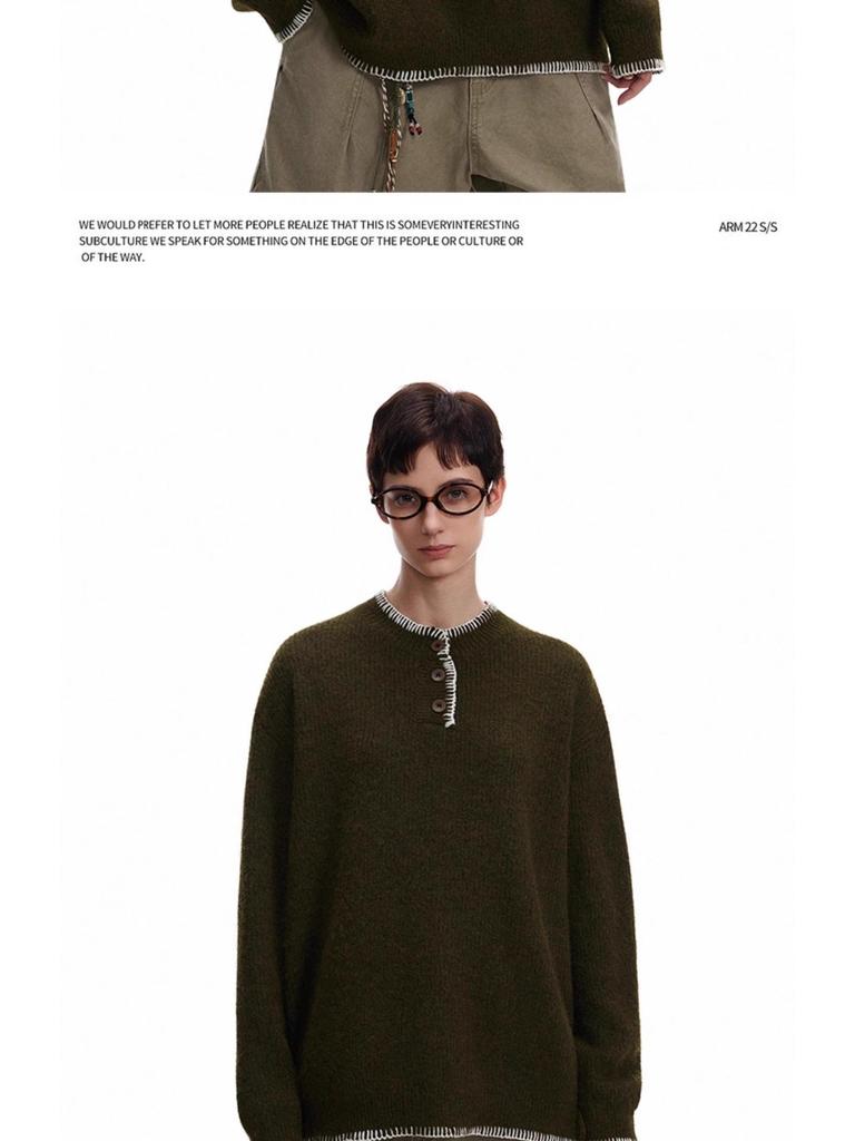 Unisex Retro Henley Neck Knit Sweater - Casual Autumn Pullover