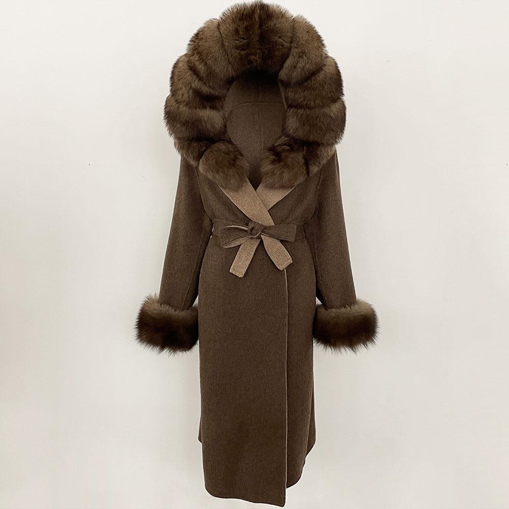 OFTBUY Winter Women Coat Real Natural Fox Fur Hooded Detachable Collar Double-faced Woolen Jacket Long Casual Elegant Overwears