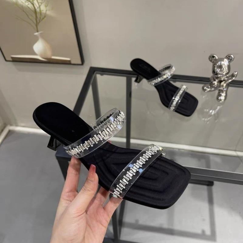 New Rhinestone Cool Drag Women's Summer New Outward Wear Square Head Transparent Belt Thin Heel Temperament Flip-flops