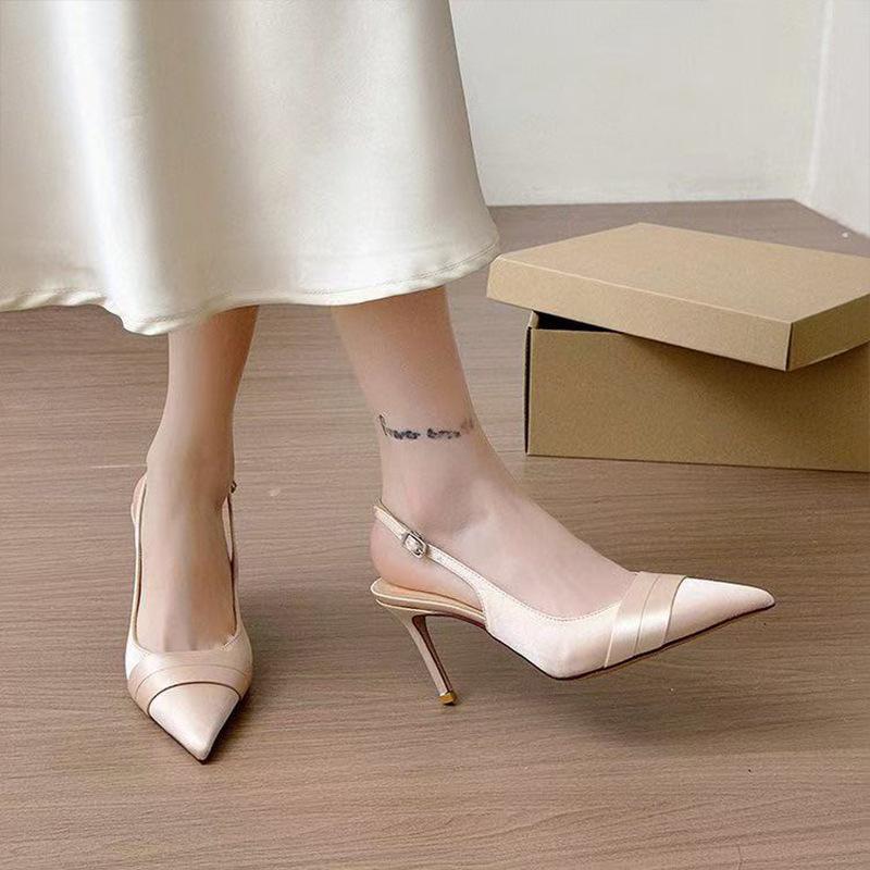 Sandals Women's Satin Temperament Pointed Head Bag Head Thin Heel One-word Buckle Apricot French 2025 New Women with Versatile Sandals