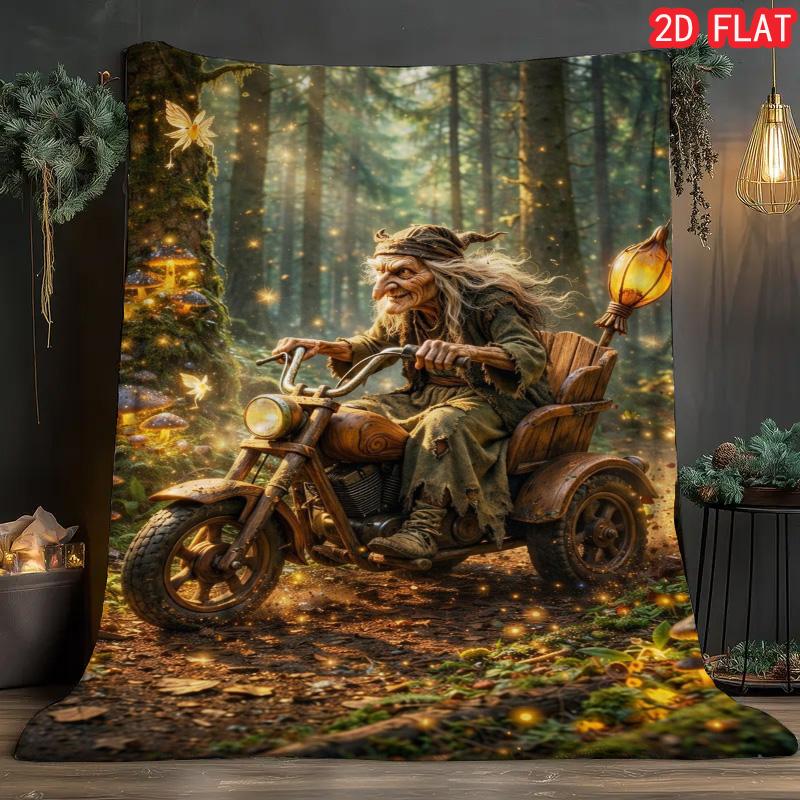 Enchanted Forest Witch on Motorcycle Flannel Blanket, Soft Warm Throw for Kids Bedroom