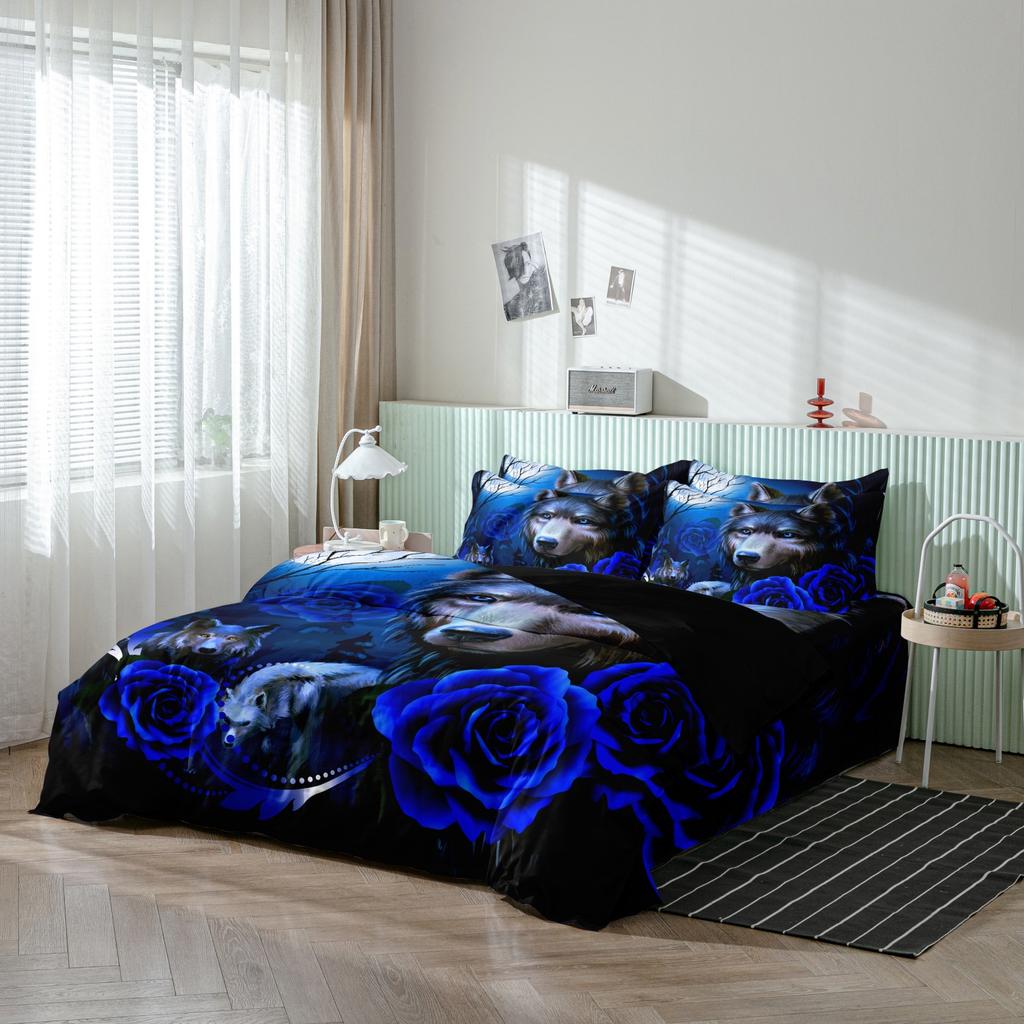 3Pcs Black Wolf And Blue Rose Print Duvet Cover Set Nature Art Printed Bedding Set, Used For Family Bedrooms Dormitories Hotels