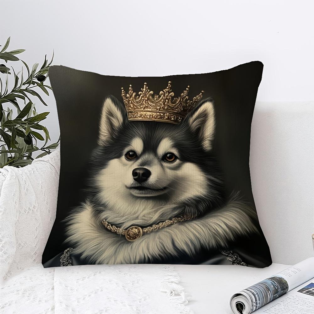 Royal Dog King Pillowcase Husky Portrait Cushion Cover Gold Crown Animal Art Luxury Pet Decor for Living Room Bedroom Sofa