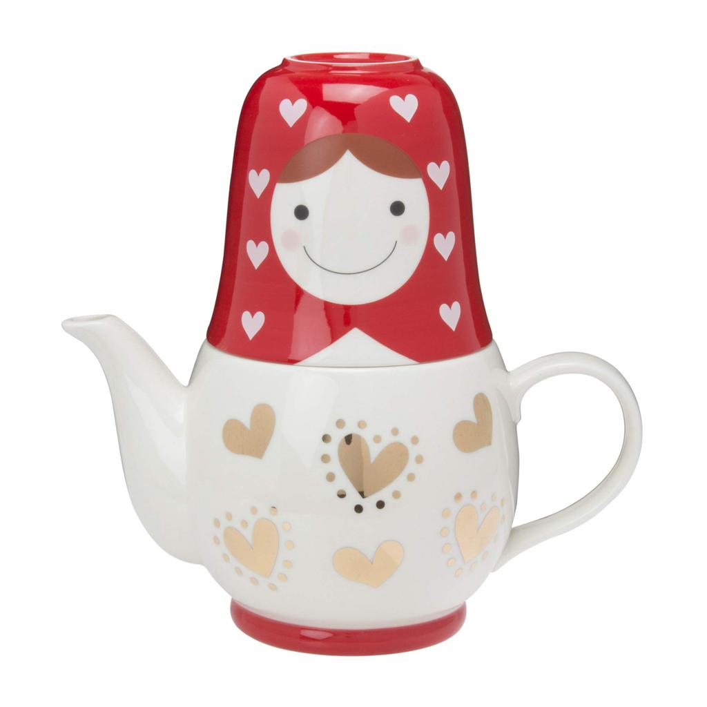 Sun Art Cute Tableware [Matryoshka] Teapot & Cups (Tea Set for 2) Red X White SAN1790