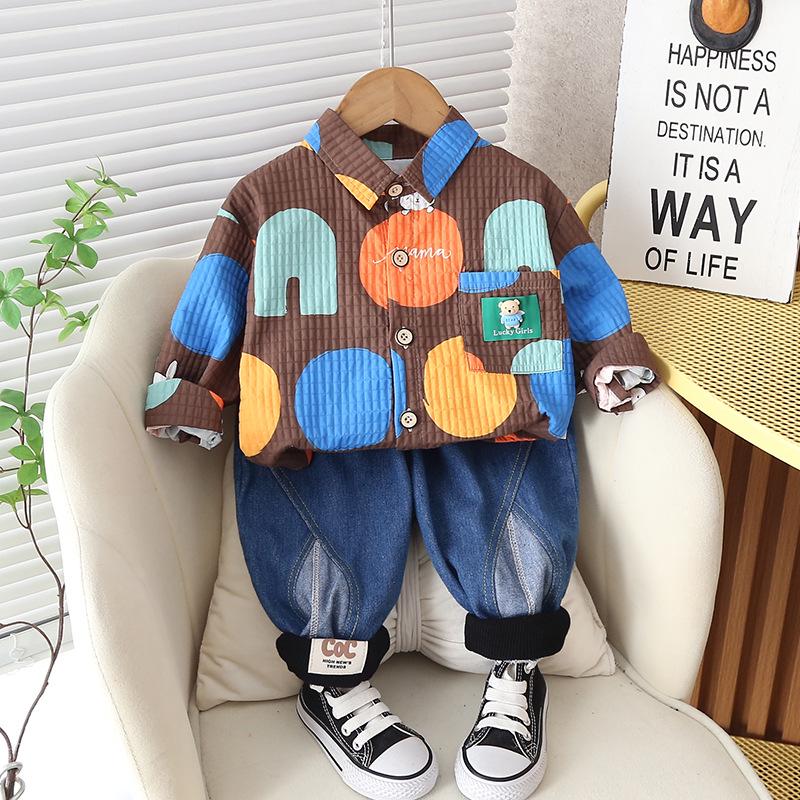 

Осенний комплект для мальчиков с принтом, рубашка с длинным рукавом и брюки, для возраста 1-5 лет 120 cm