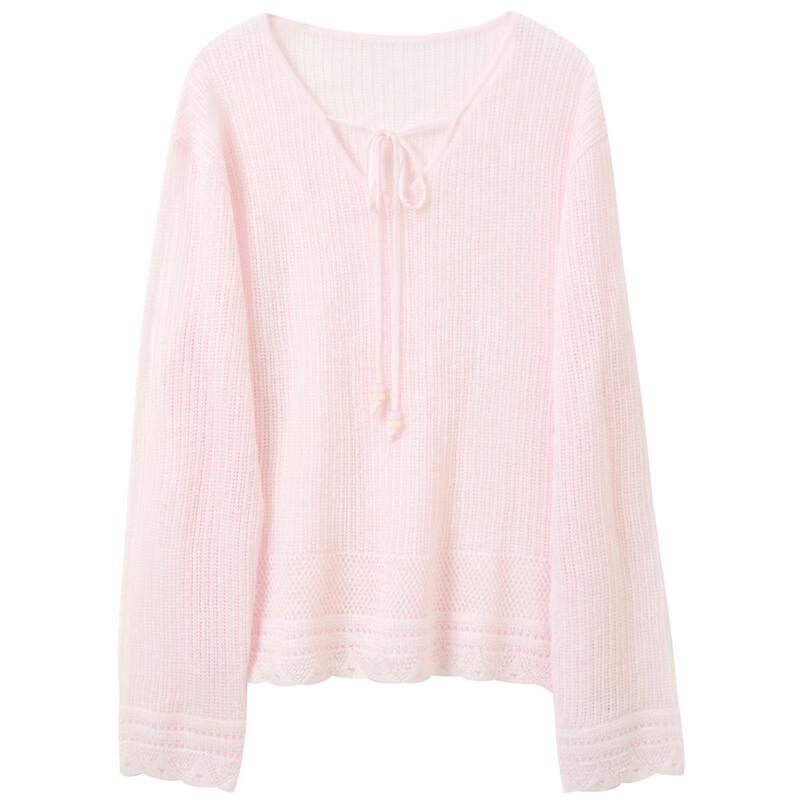 Sancai V-Neck Hollow Knit Long Sleeve Top