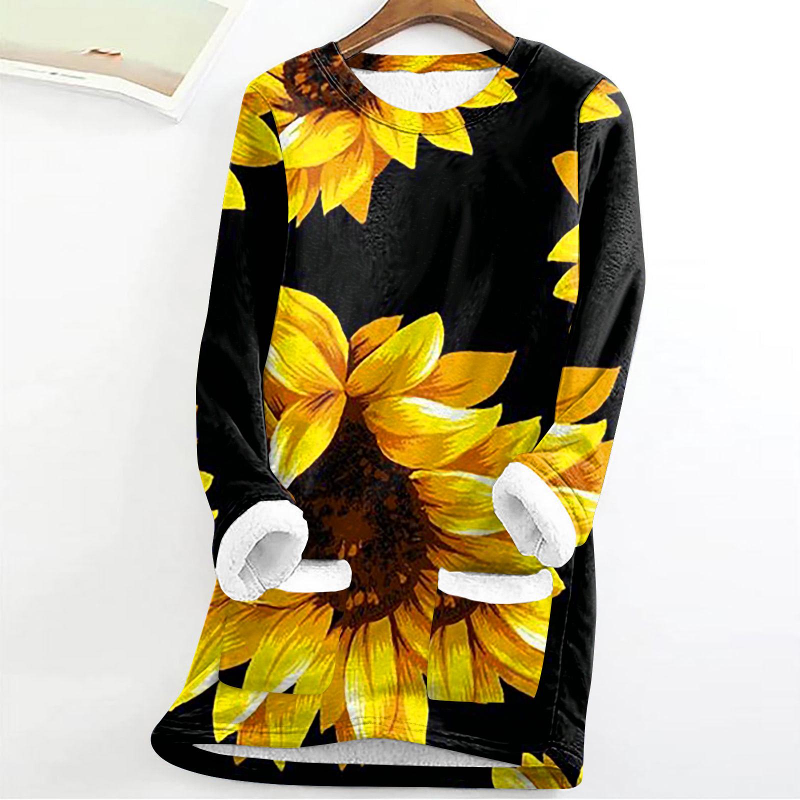 Women s Fashion Sunflower Printed Round Neck Long Sleeve Plush Winter Warm Pullover Top L