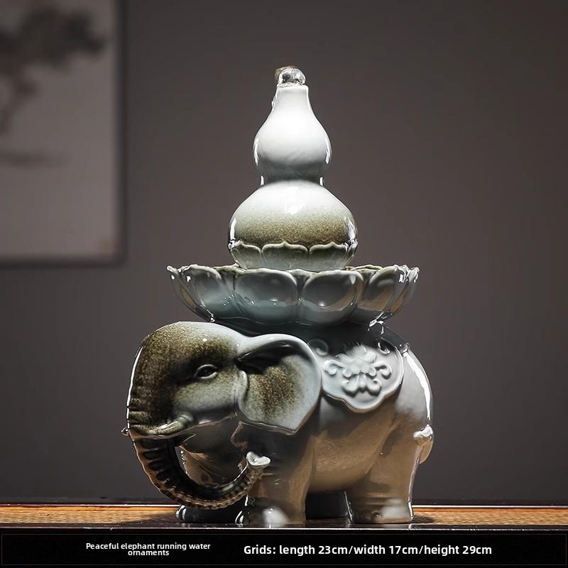 

BEPAN Ceramic elephant flowing water brings wealth decorative item, Chinese-style desktop home gourd decoration with recycled water