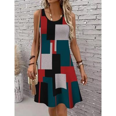 Women's Geometric Pattern Printed Sleeveless Round Neck Dress Loose Soft and Comfortable Plus Size Dress