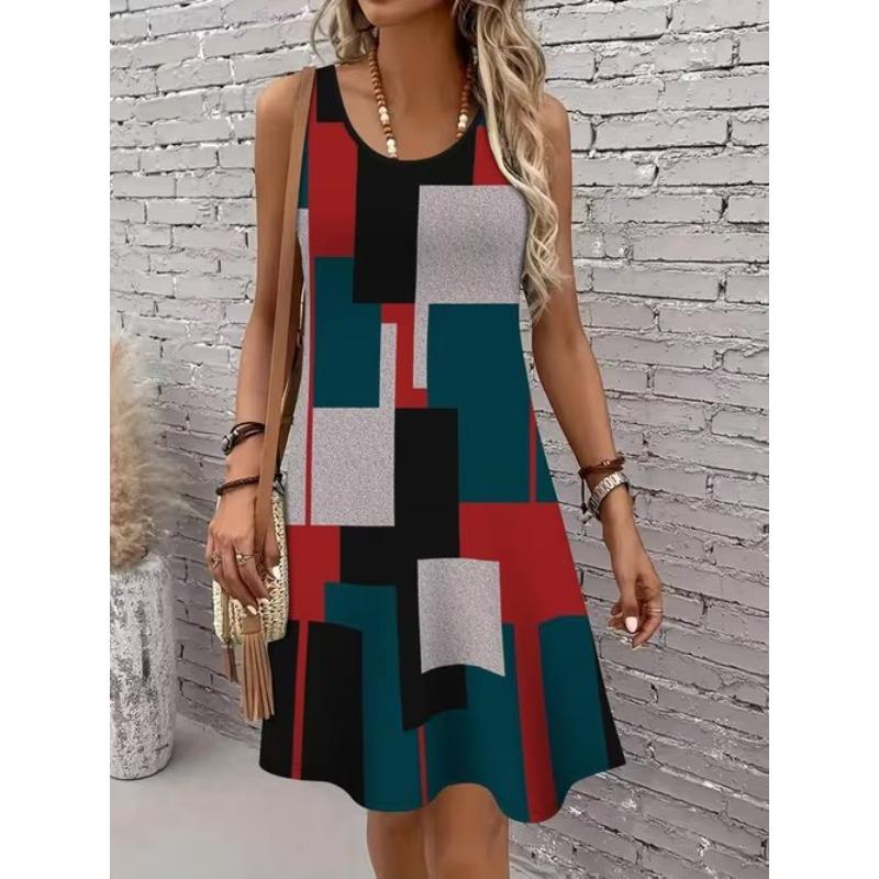 Women's Geometric Pattern Printed Sleeveless Round Neck Dress Loose Soft and Comfortable Plus Size Dress