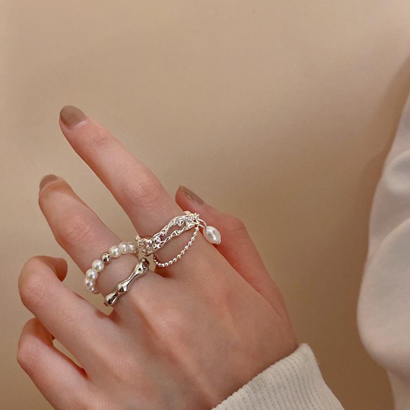 Elegant Double Layer Pearl Tassel Ring - Adjustable Geometric Design for Women