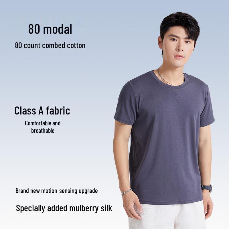 Men's 80s Mulberry Silk Modal Short Sleeve T-shirt - Crew Neck, Breathable, Cool for Spring/Summer/Autumn