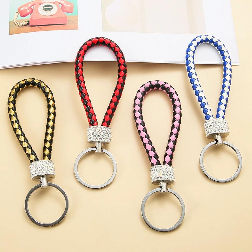 Fashion PU Leather Woven Keychain Glitter Rhinestones Braided Rope Keyring For Men Women Car Key Holder Charms Accessories Gifts