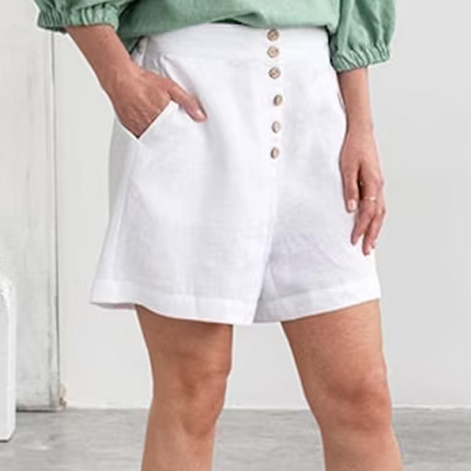 

Женские летние свободные льняные повседневные шорты с карманами, однотонные хлопковые брюки на пуговицах большого размера, широкие брюки XL белый