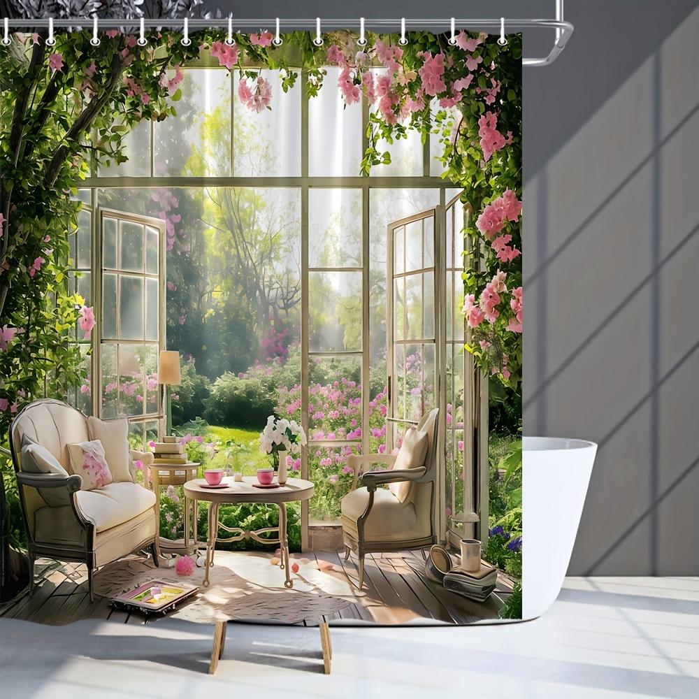 Gartenfensterblick Duschvorhang Rosa Blumige Pflanzen Naturlandschaft Blume Badezimmer Dekor Mit Haken