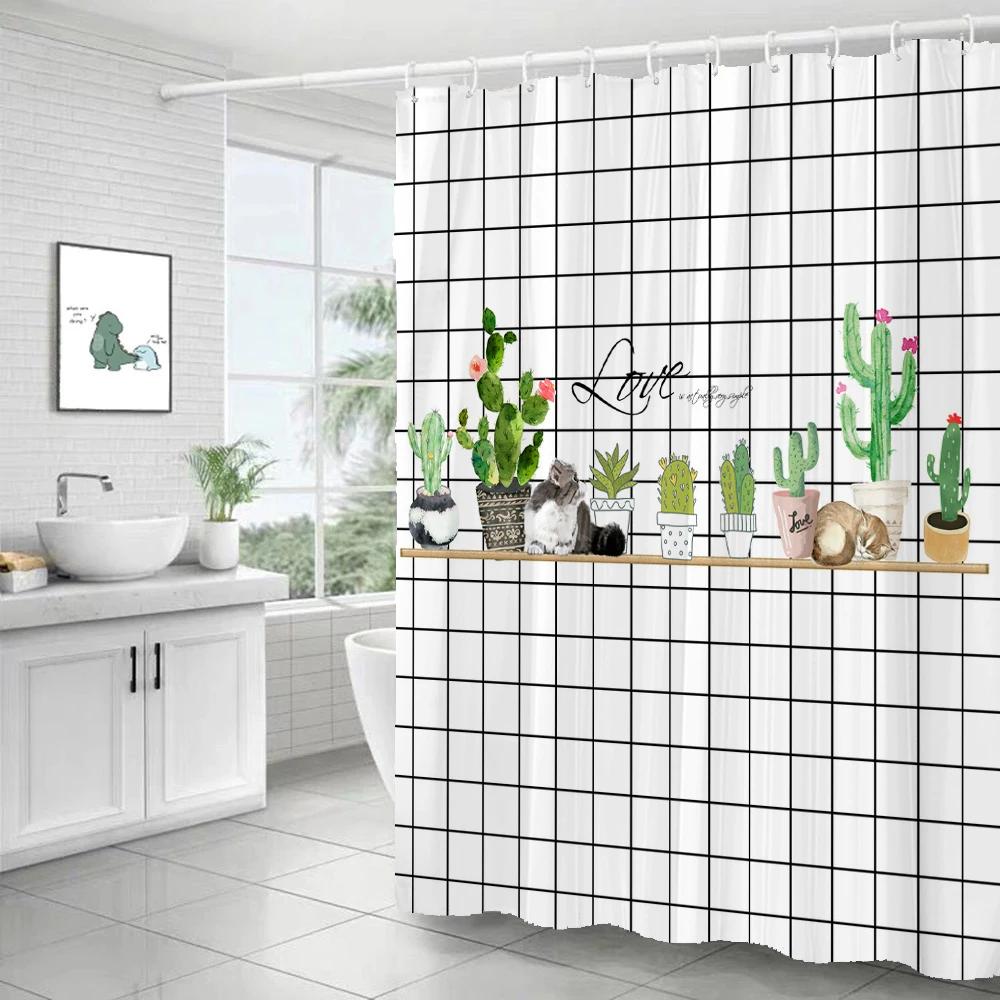 Tropical Plant Cactus Shower Curtain 180cm *180cm with Hooks, Floral Waterproof Shower Curtain, Shower Curtains for Bathroom