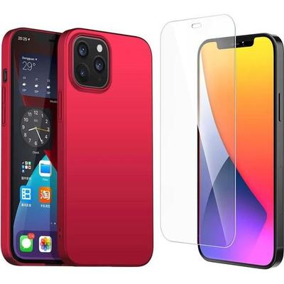 Case for iPhone 12 Pro Red + Tempered Glass Screen Protector, Soft Silicone Protective Bumper