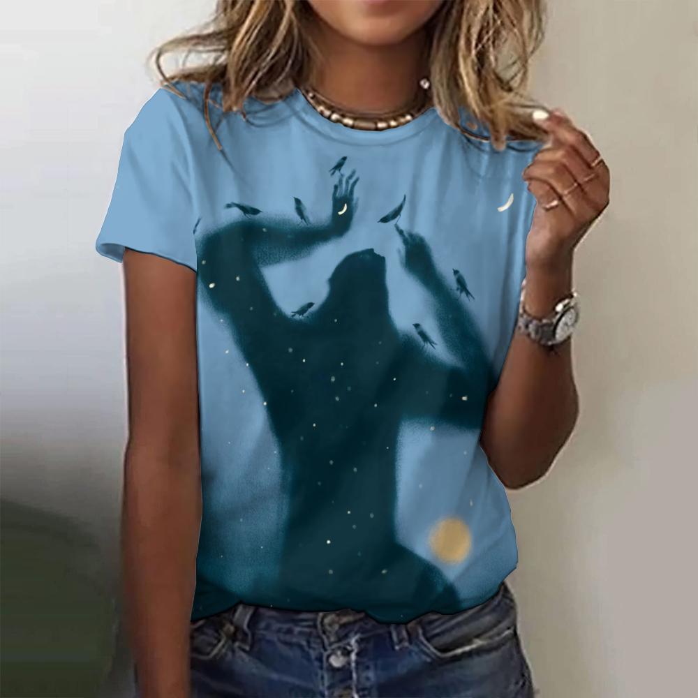 Women's T-Shirts Top Short Pullover Sleeved Art Shadow Printing Fashion Leisure Style O-Neck Harajuku Tee Shirt Female Clothing