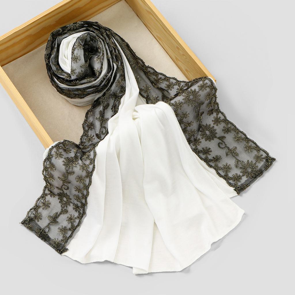 Premium Lace Jersey Hijab Scarf For Women Muslim Embroidered Flowers Hijabs Long Shawl Wraps Headband Scarves Muffler 170*60Cm