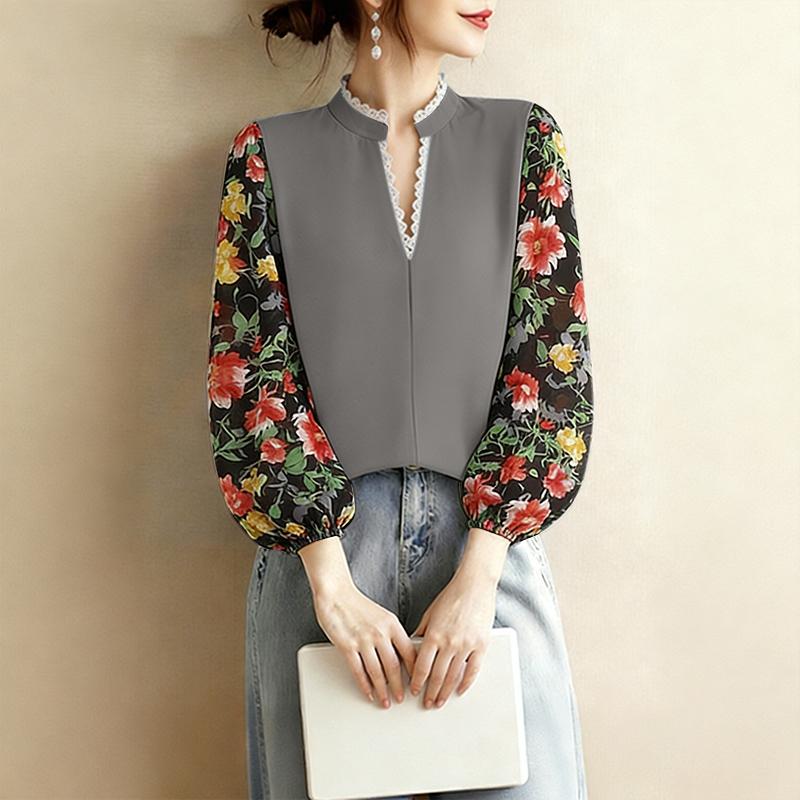 ZANZEA Women Casual V-Neck Floral Print Splice Long Sleeve Blouse