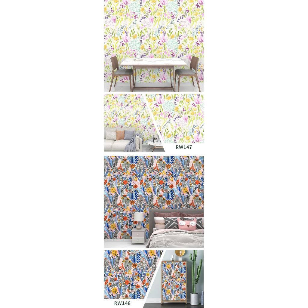 Removable Seamless Self-Adhesive Wallpaper for Living Room Background (Green Plants and Flowers)