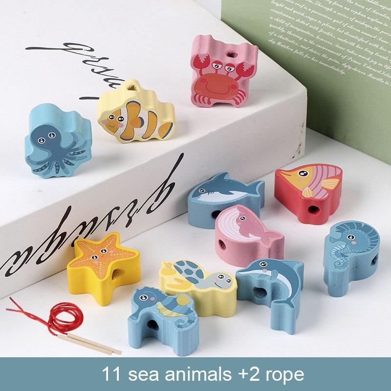 Kids Montessori Wooden Lacing Toy DIY Wooden Beads For Children Cartoon Animals Fruit Letter Digital Beads Threading Toys Gifts