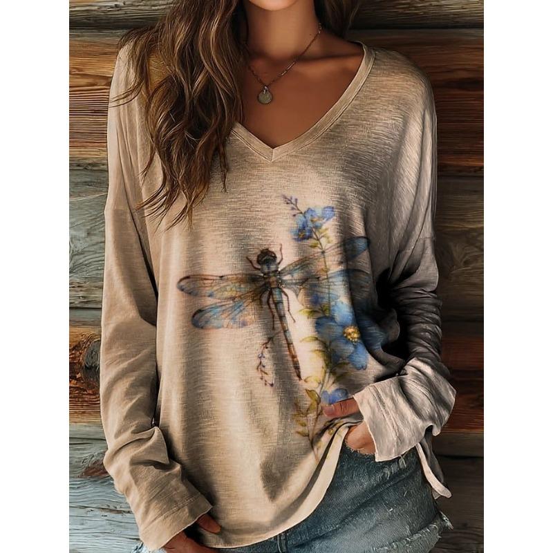 Vintage Women's T-Shirt Floral Graphic Plants Elegant Fashion Tee Long Sleeve T-shirts V-Neck Regular Tops Pullover Fall Winter