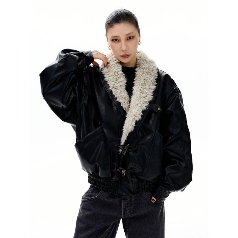 Kisko Winter American-Style Deconstructed Warm Brown Leather Jacket Cotton Coat for Men and Women, High-End Cool Loose-Fitting Jacket for Couples