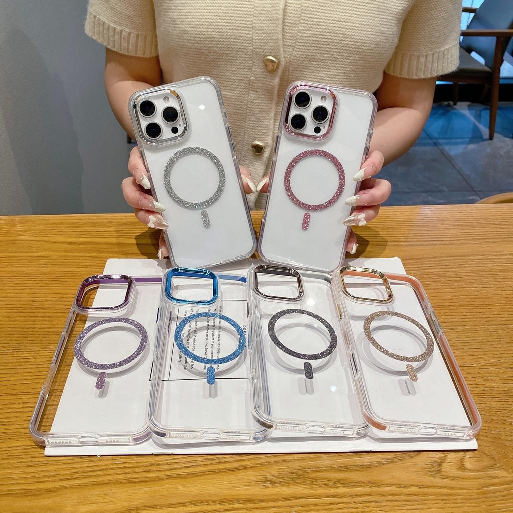 For iPhone 16 Pro Max Clear Case TPU+Acrylic Glitter Phone Cover Compatible with MagSafe