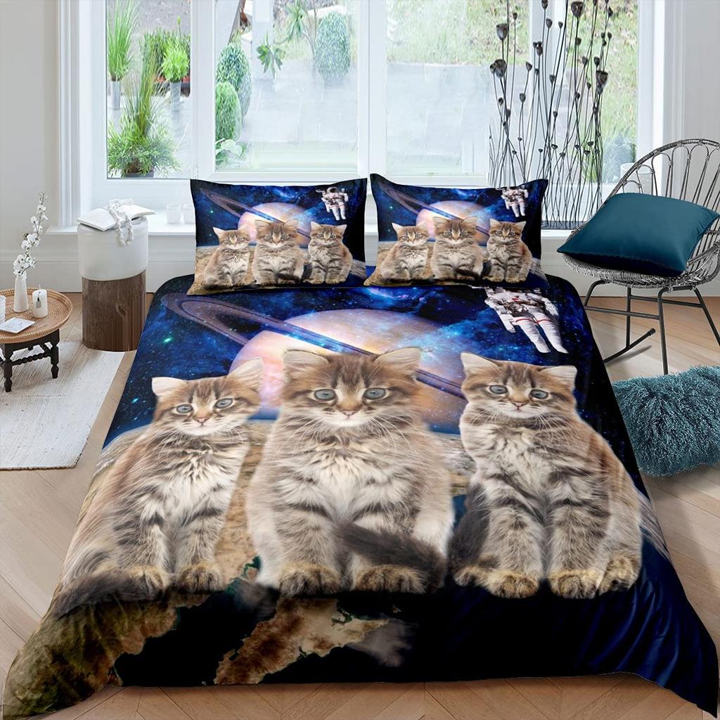 Galaxy Cat Duvet Cover Set Microfiber Universe Galaxy Bedding Set Cute Kitten Comforter Cover Outer Space Planets Quilt Cover