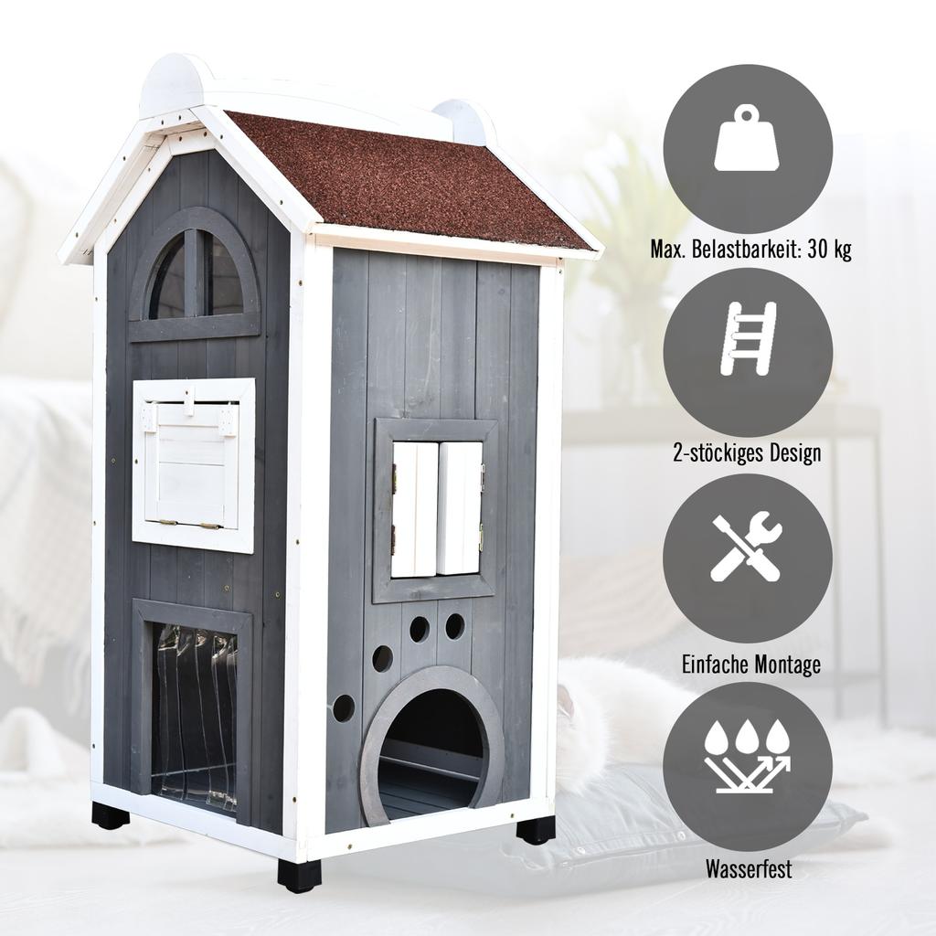 Outdoor Cat House 2-Story Cat House Made of Fir Wood, Weatherproof Cat Hut with Asphalt Roof, Gray, 59 X 55 X 109 Cm