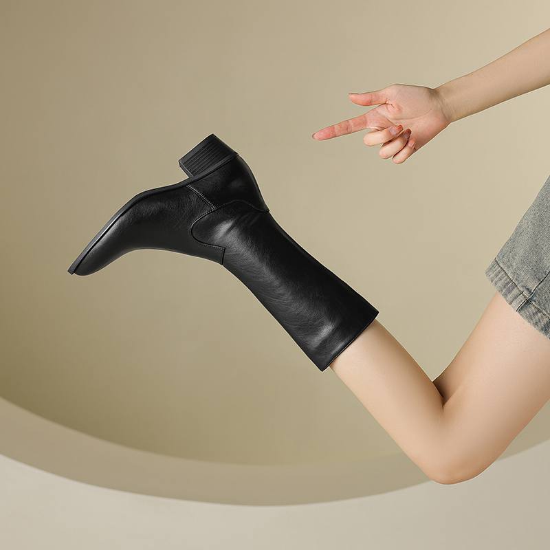 Krazing Pot Cow Leather Winter Pointed Toe Thick Med Heels Western Boots Women Zipper Retro Vintage Mid-calf Boots
