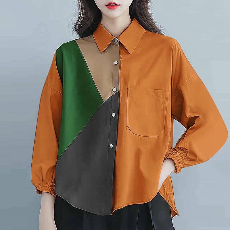 

ZANZEA Женские рубашки с длинным рукавом и карманами в цветных блоках L оранжевый