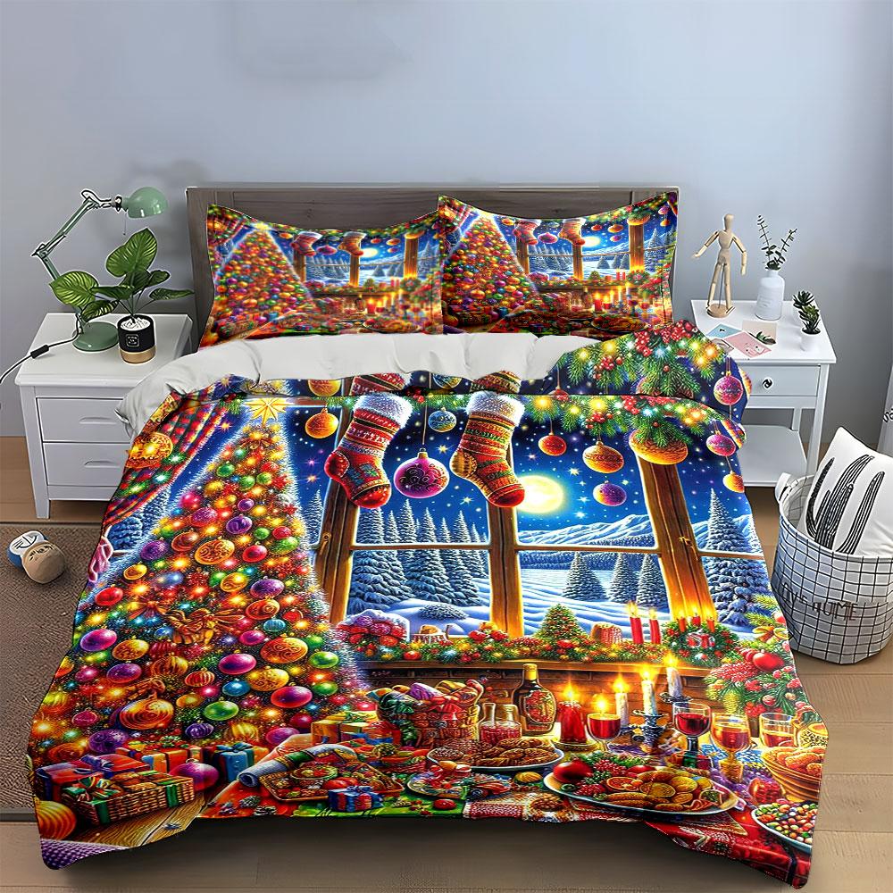 Christmas Decor and Feast Scene Bedding Duvet Cover Set Duvet Cover Pillowcases (1*Duvet Cover 2*Pillowcases, Without Duvet Insert)