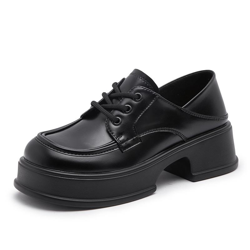 2025 spring new British style lace-up platform loafers retro round head small leather shoes women's genuine leather heightening women's shoes