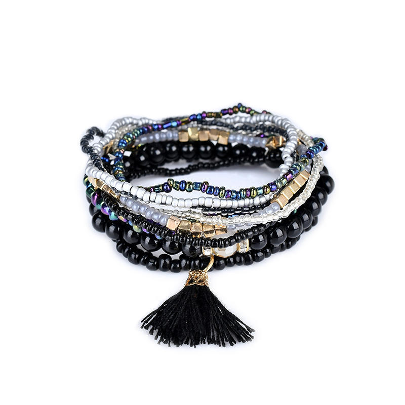 Women Girl's Jewelry Retro Bohemian Style Colorful Handmade Beaded Multi Layers Tassel Trim Hypoallergenic Bracelets