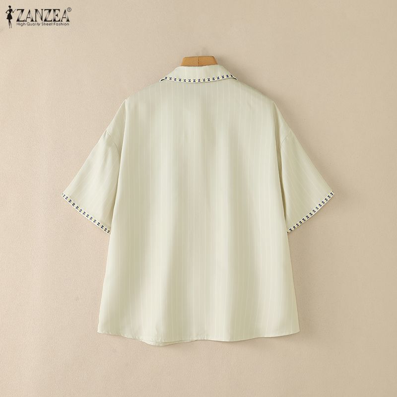 ZANZEA Women Casual Turn Down Collar Loose Cartoon Print Short Sleeve Blouse