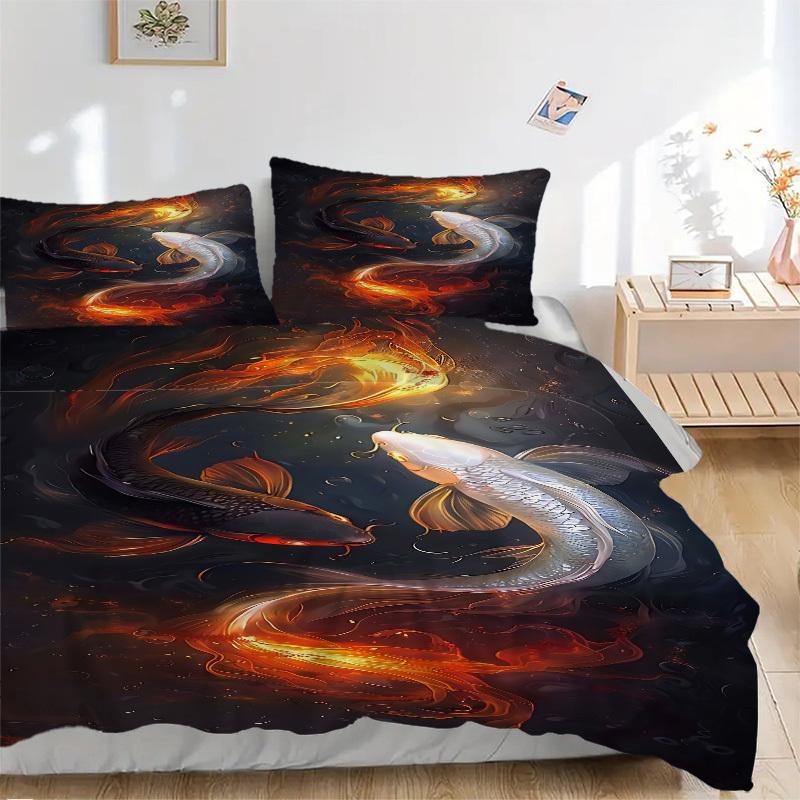 

3PCs Koi Fish Yin Yang Design Cover Set, Breathable Fabric(1 Duvet Cover + 2 Pillowcases) (Without Quilt) yy250911185 135x200cm