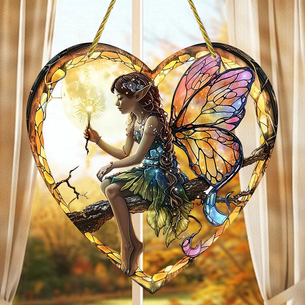 New Colorful Fairy Angel Art Flower Suncatcher Stained Window Hanging Heart Shape Acrylic Pendant For Home Garden Yard Ornament