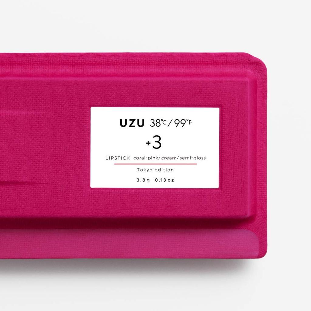 UZU BY FLOWFUSHI Lipstick Coral Pink Lip Hypoallergenic 38°C / 99°F [+3 (Semi-Gloss)] Care, Skin-Beautifying Bacteria, Fragrance-Free,