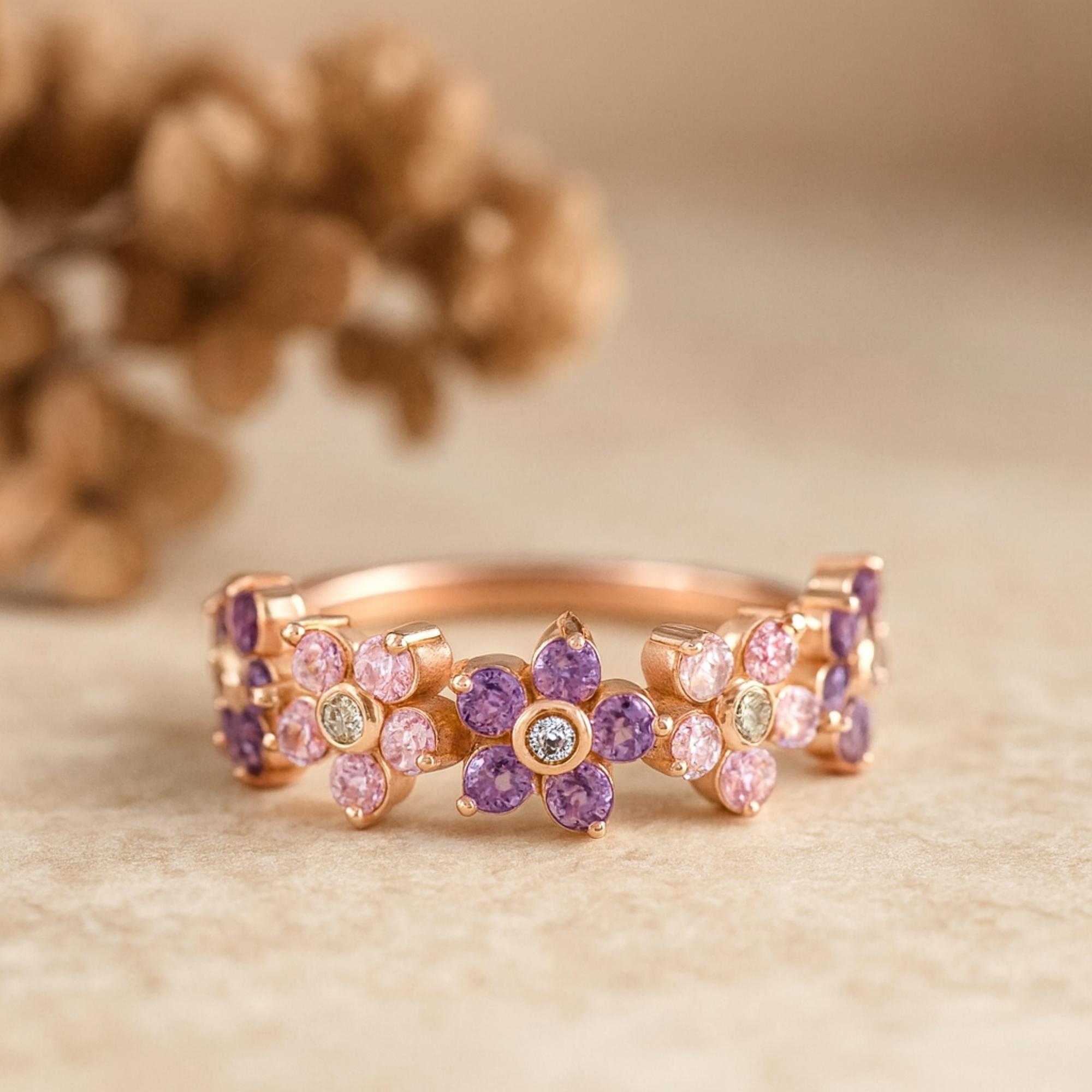 

Аметист Розовый Сапфир и Цирконий Полувечность Цветочная Дорожка – Кольцо из Стерлингового Серебра 925 с Покрытием Розовым Золотом – Женское Юбилейное Обручальное Кольцо Q