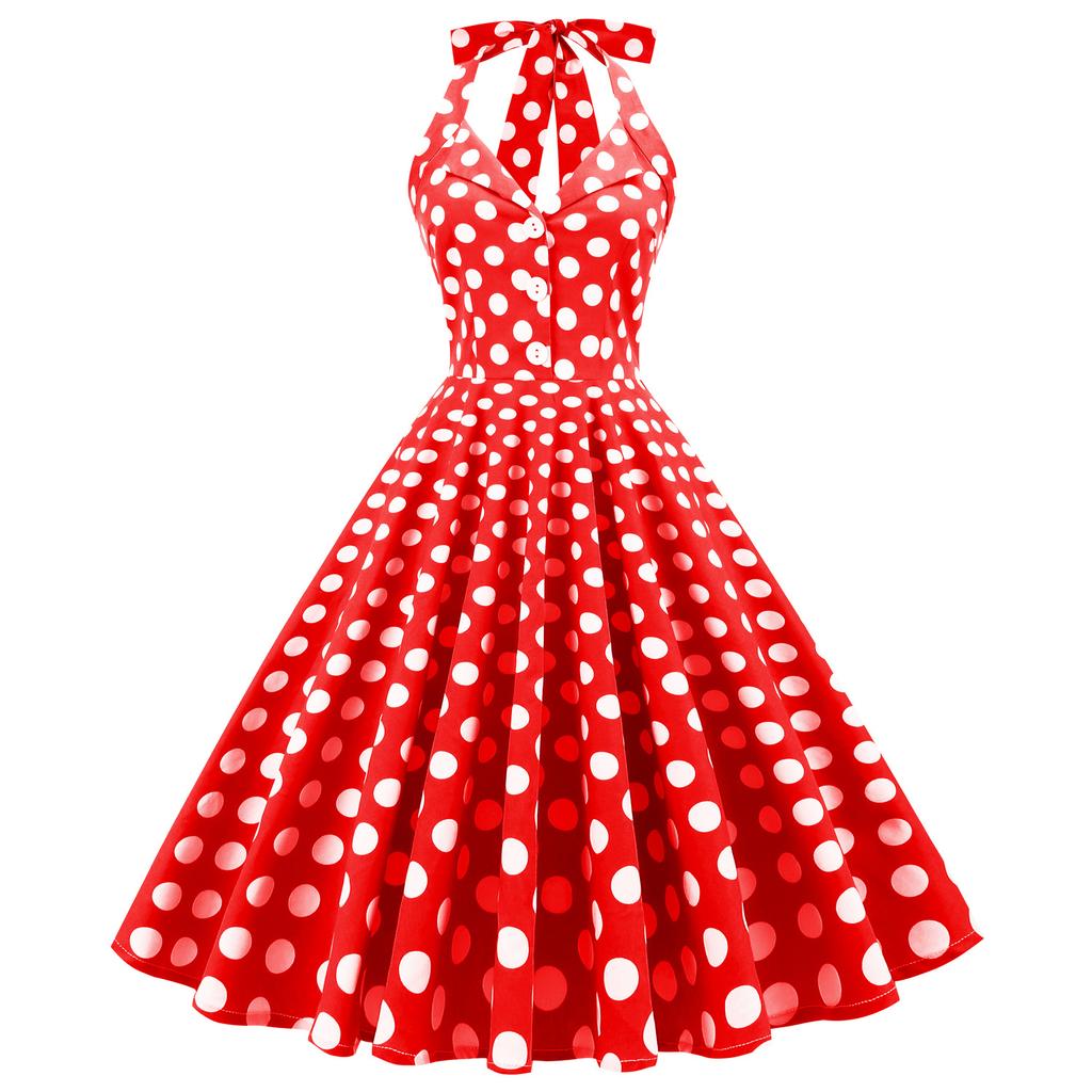Women's sexy mid-length flared dress with a lapel collar, open front, checked pattern, halter neck and open back