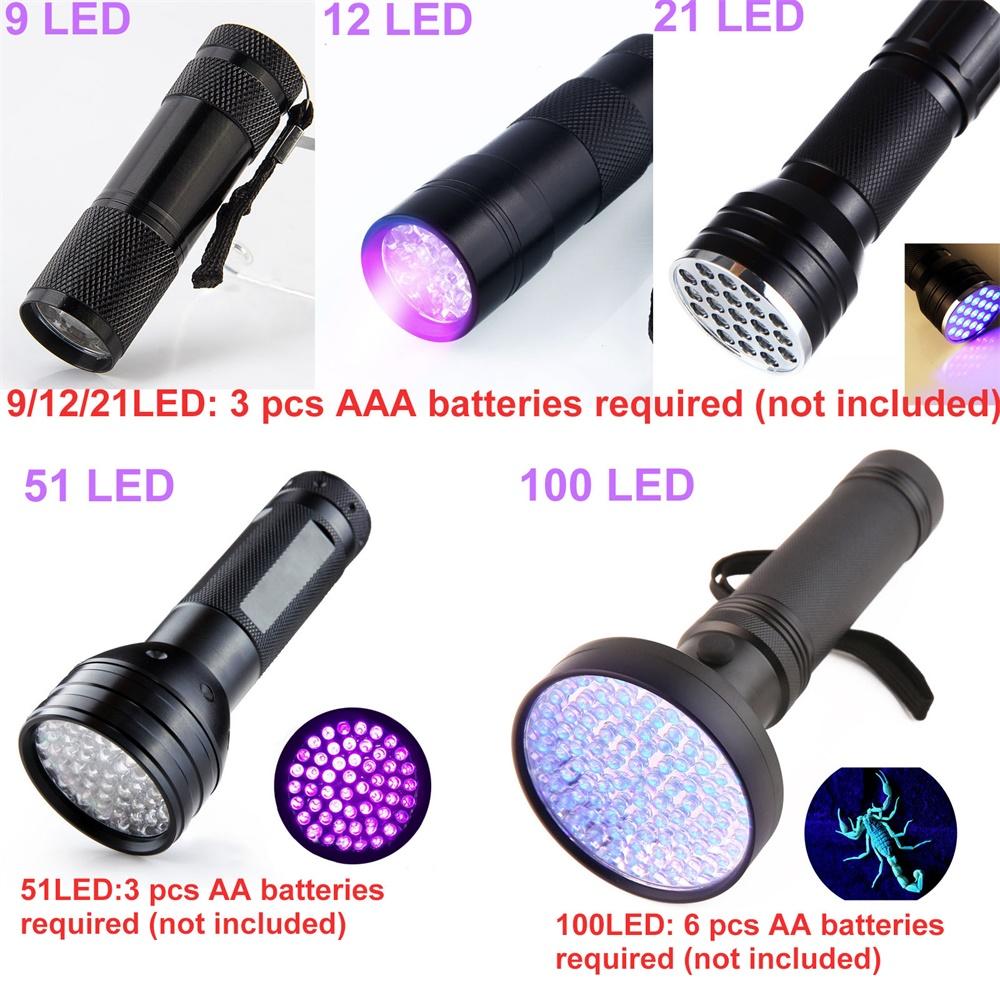 

Ultraviolet Blacklight LED UV Light Lamp Torch Detector for Dog Urine Stains Outdoor Waterproof Aluminum 9-100 LED UV Flashlight 9 LEDs