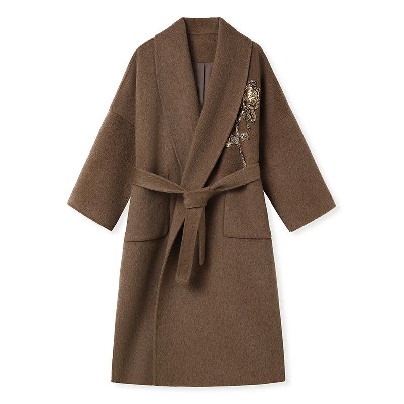 New high-end embroidered cardigan woolen coat coffee strap design wool coat S коричневый