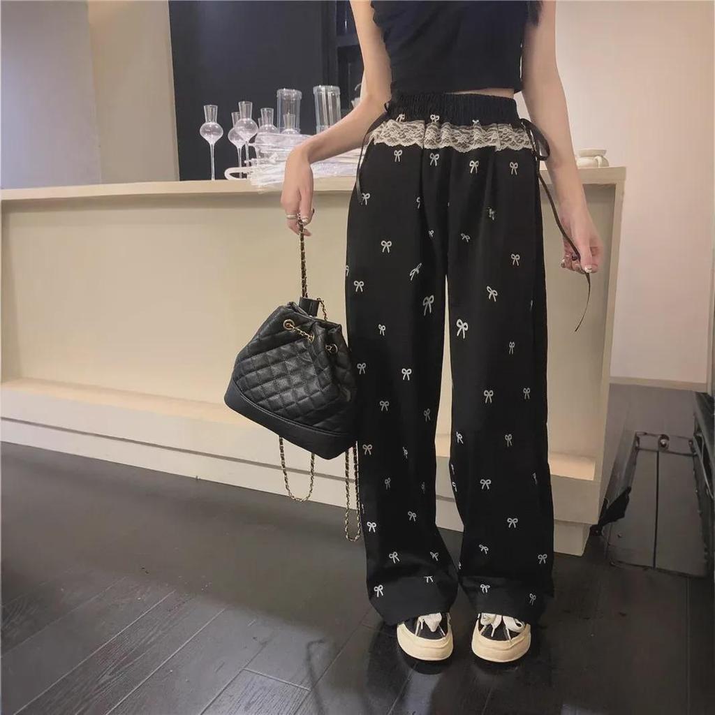 Women's Autumn Design Casual Bow Lace Splicing Elastic Waist Wide-Leg Pants