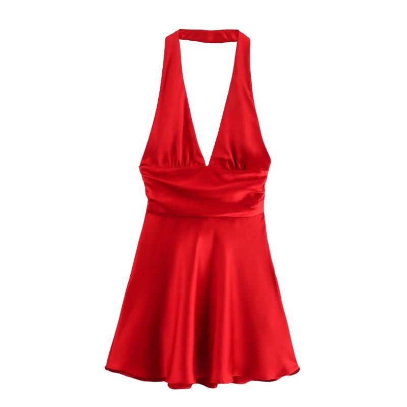 2025 Summer V-neck Halter Backless Silk Satin Tie-Up Mini Dress